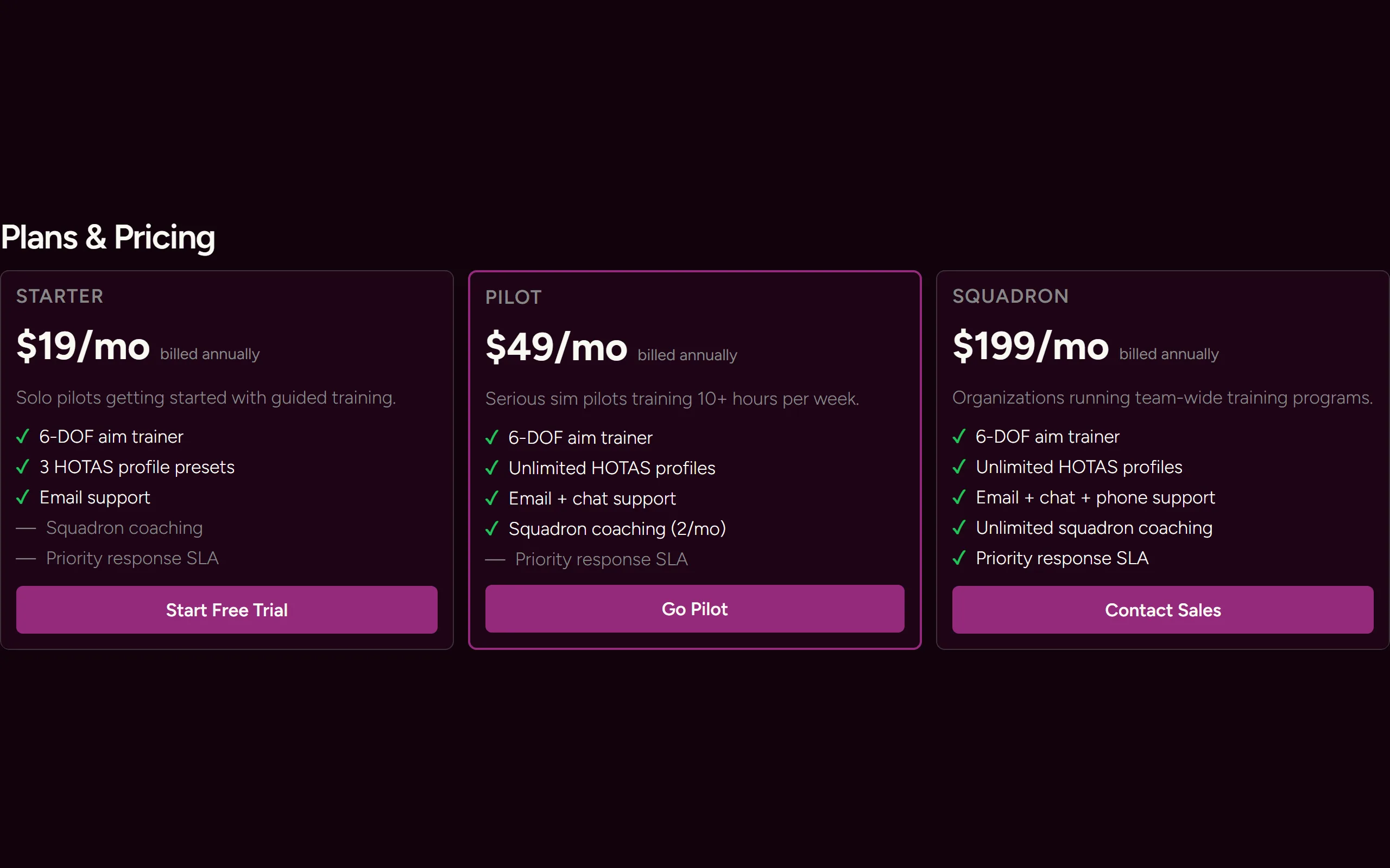 Price Table — dark theme