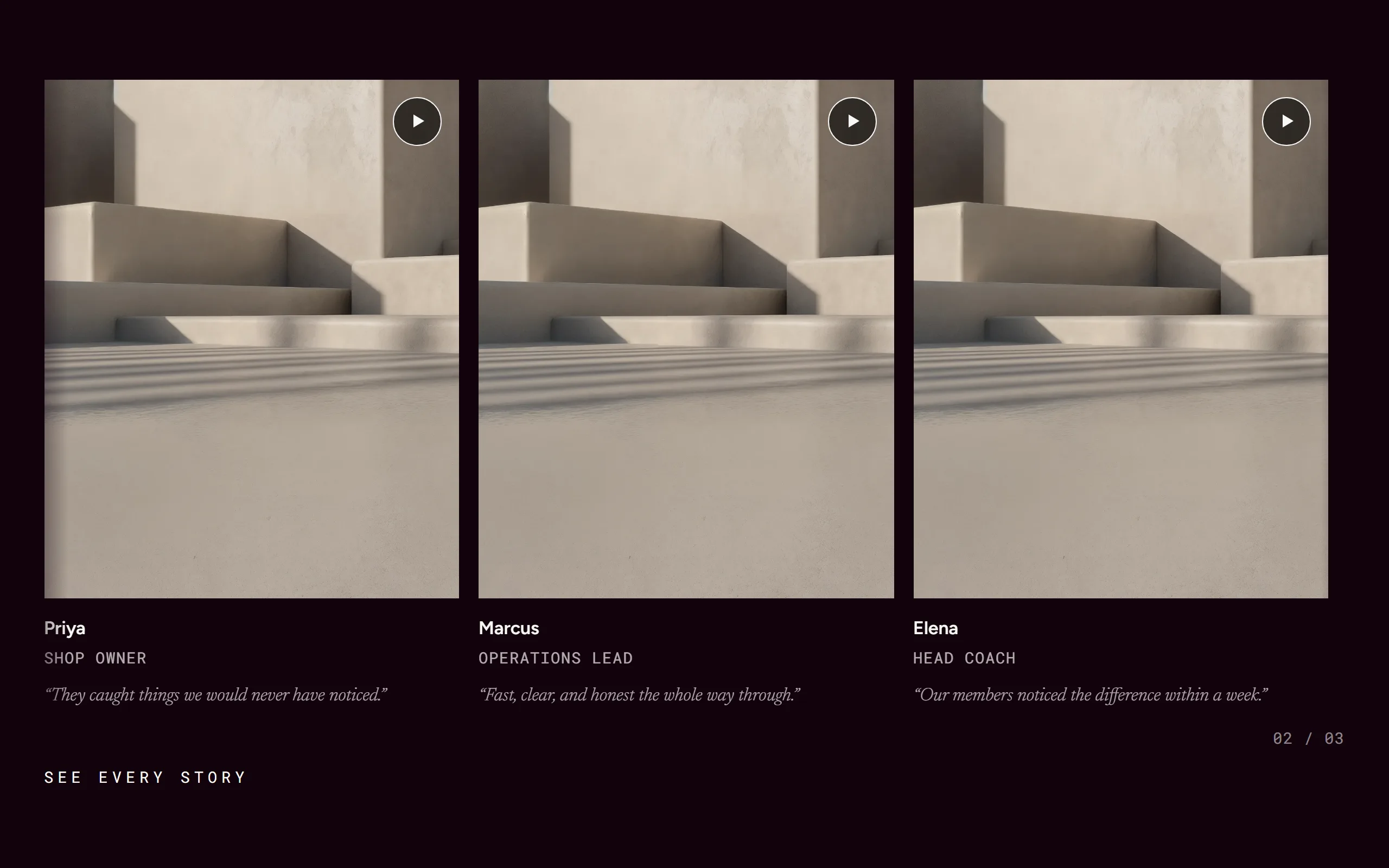 Testimonial Rail — dark theme