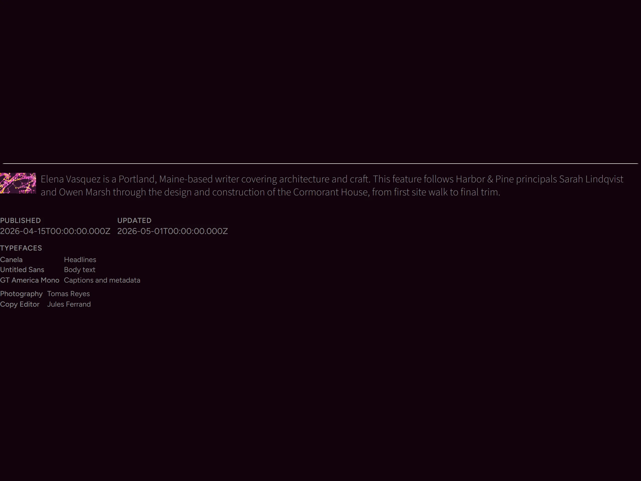 Editorial Colophon — dark theme