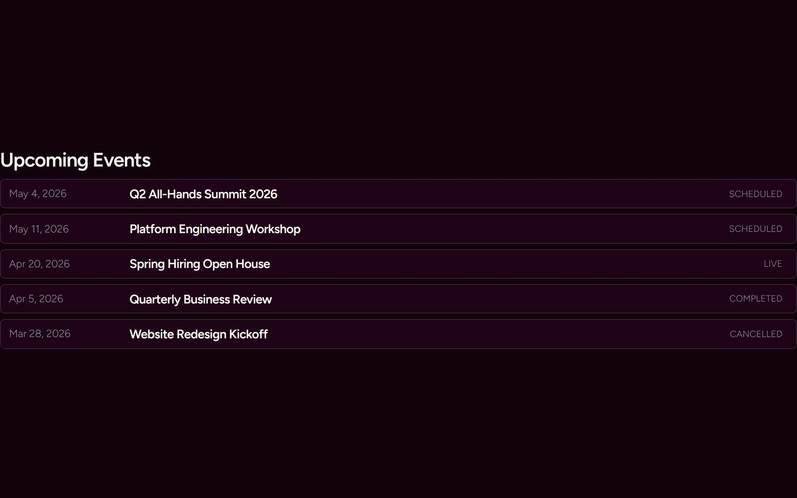 Event Calendar — dark theme